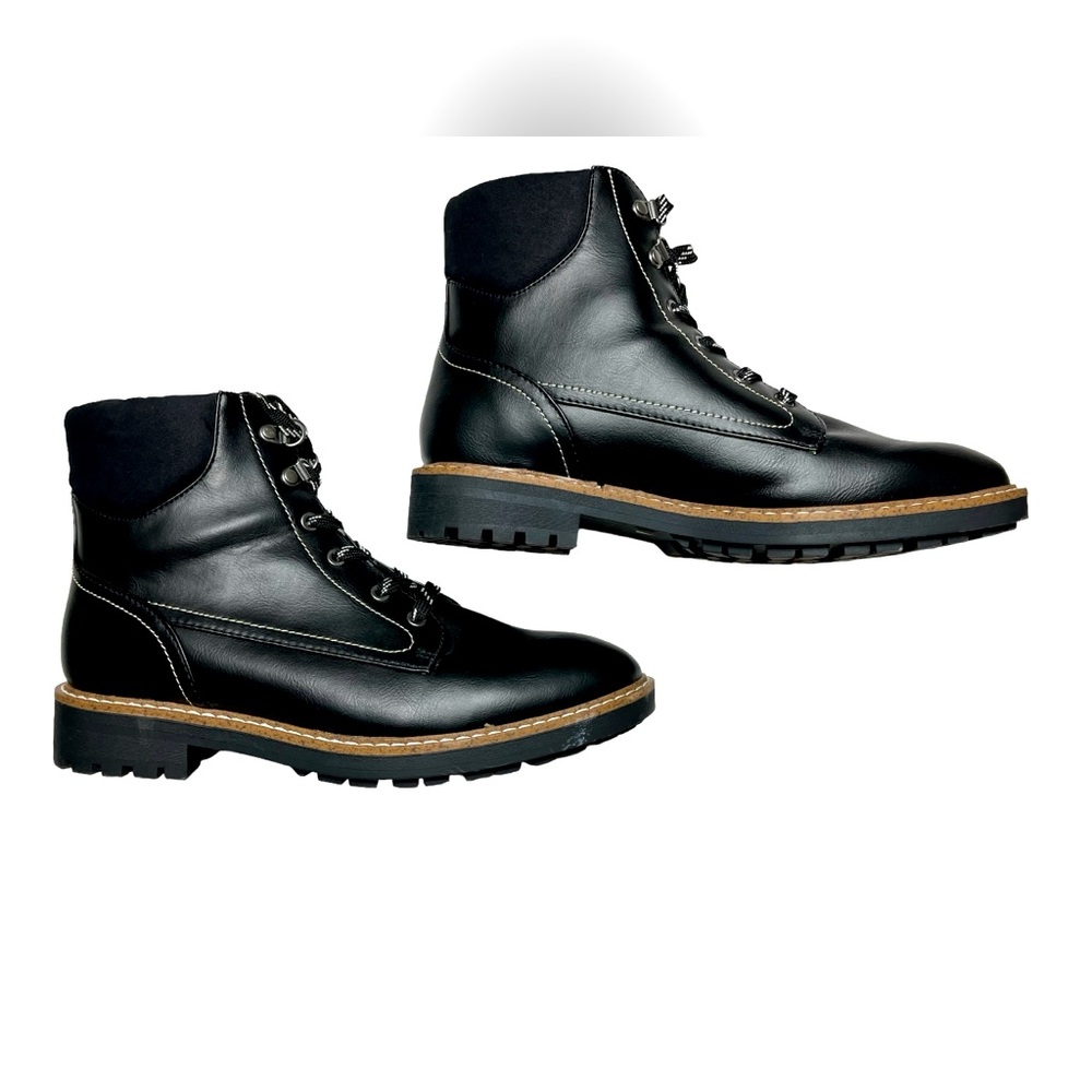 St Johns Bay Women’s Black Faux Leather Boots Lace Up Size 8 1/2 Memory Foam